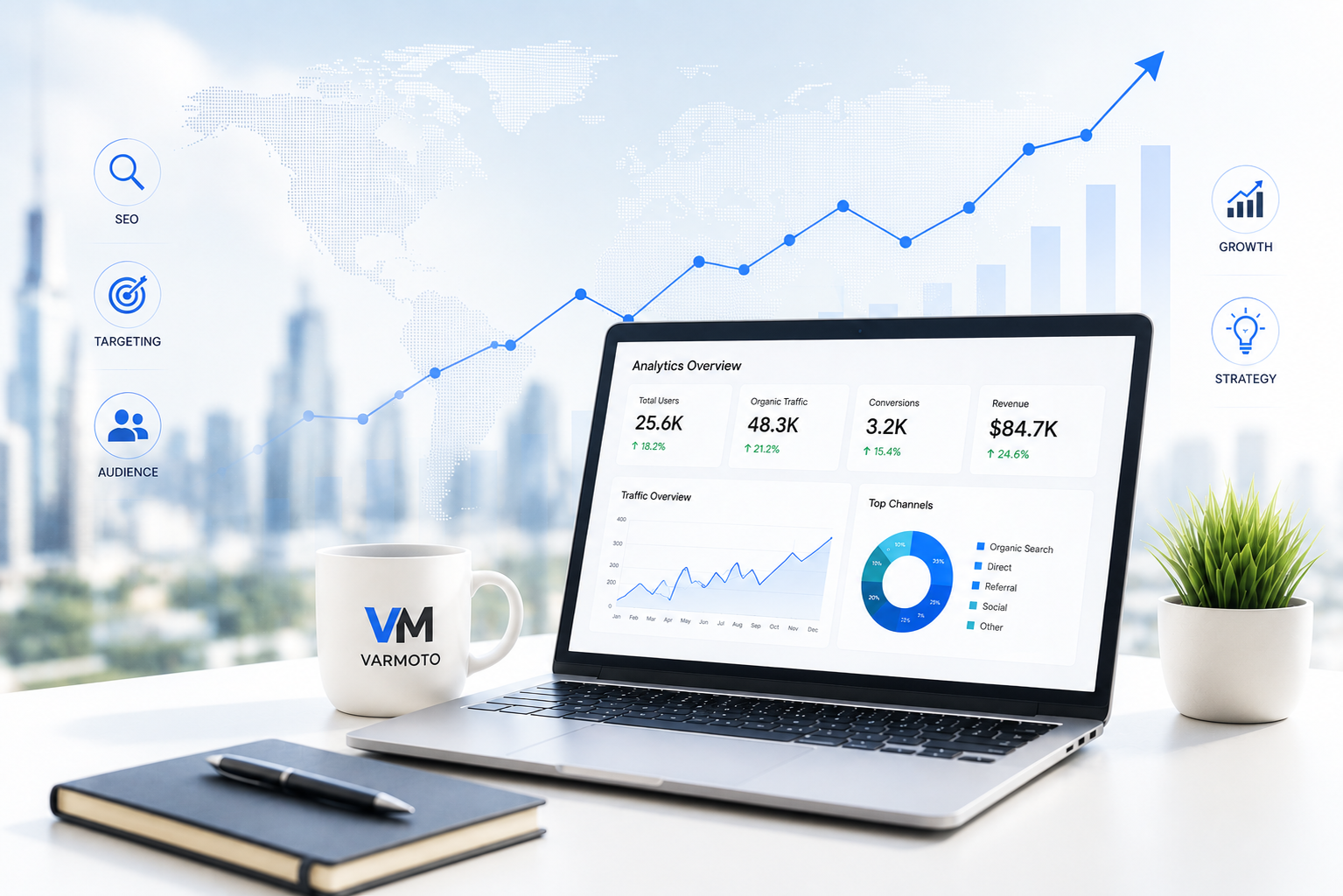 Laptop displaying SEO analytics dashboard with growth charts on a modern workspace representing AI-powered SEO and digital marketing services by VarMoto.